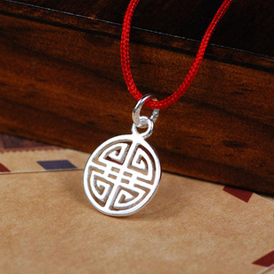 S925纯银中国风囍双喜圆片吊坠 DIY红绳手链银饰项链饰品配件