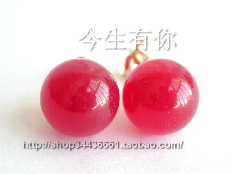 今生有你漂亮独特的10mm天然红玉耳钉圆形14K包金耳饰女包邮