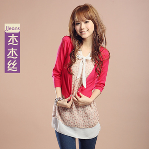 轩逸9 杰杰丝女装 韩版碎花系蝴蝶结雪纺针织假两件开衫 春装 款