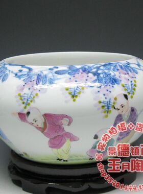 景德镇陶瓷器王平挥作品童子青花手绘斗彩花瓶 笔洗 居家装饰摆件