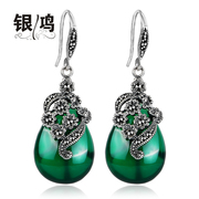 Silver hung retro earrings 925 sterling silver natural Green Thai agate silver silversmith her old personality of Tremella fuciformis jewelry