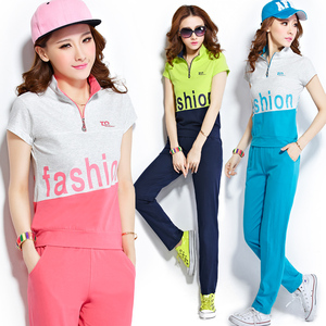 夏季新款女式短袖长裤运动衣套装 时尚立领棉质女士运动服夏