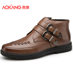 Aokang shoes UK trend round-headed punk zipper leather top layer leather men's breathable leather boots