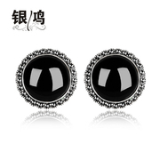 Hong 925 Silver jewelry, silver inlaid natural agate round ear clip Thai silver hand retro ladies black ear clip