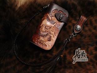 手工订做/般若天狗皮雕/男士长款牛皮钱包/财布