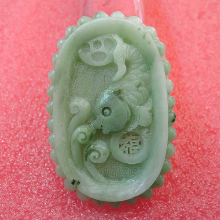 玉如意 南阳独山玉吊坠挂坠绿白一级料精雕南阳独玉挂件富贵有鱼