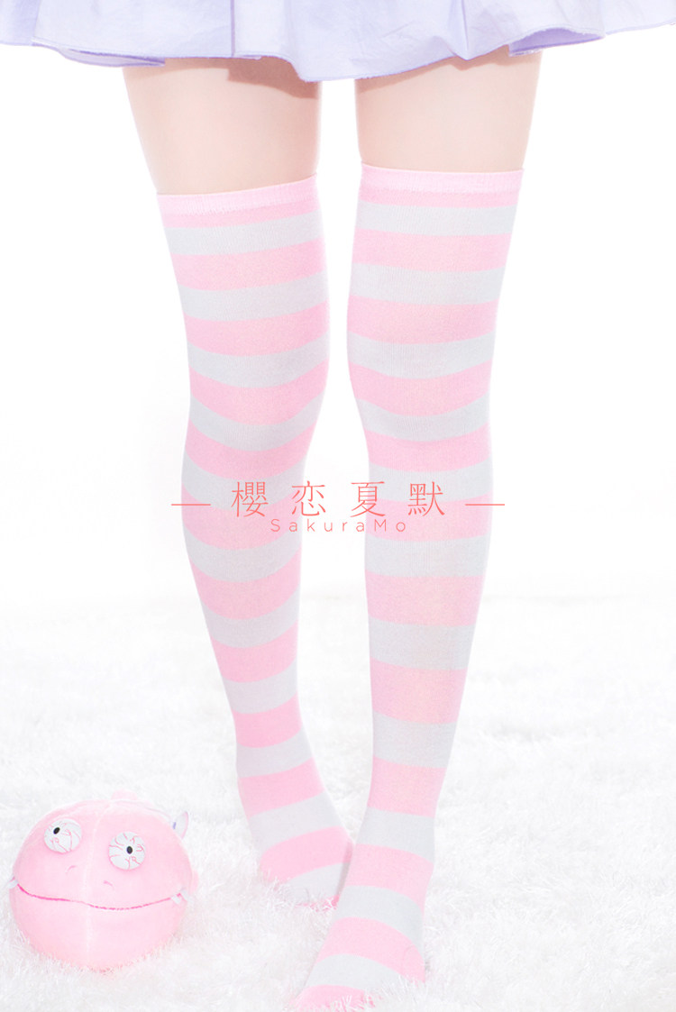 樱默*日系 粉白条纹过膝袜 高长筒袜 大腿袜  领域cosplay