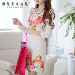 Long sleeve dress big pink dolls 2015 summer dress new women's clothing frills printing slimming dresses