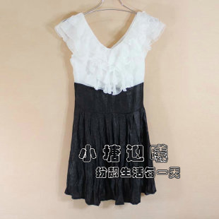  shelley  黑白拼色 荷叶前襟 修身 无袖 雪纺 连衣裙