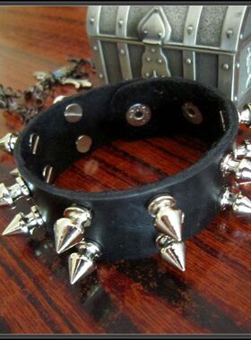 PUNK饰品 牛皮双排尖铆钉ROCK视觉系朋克真皮手环手链