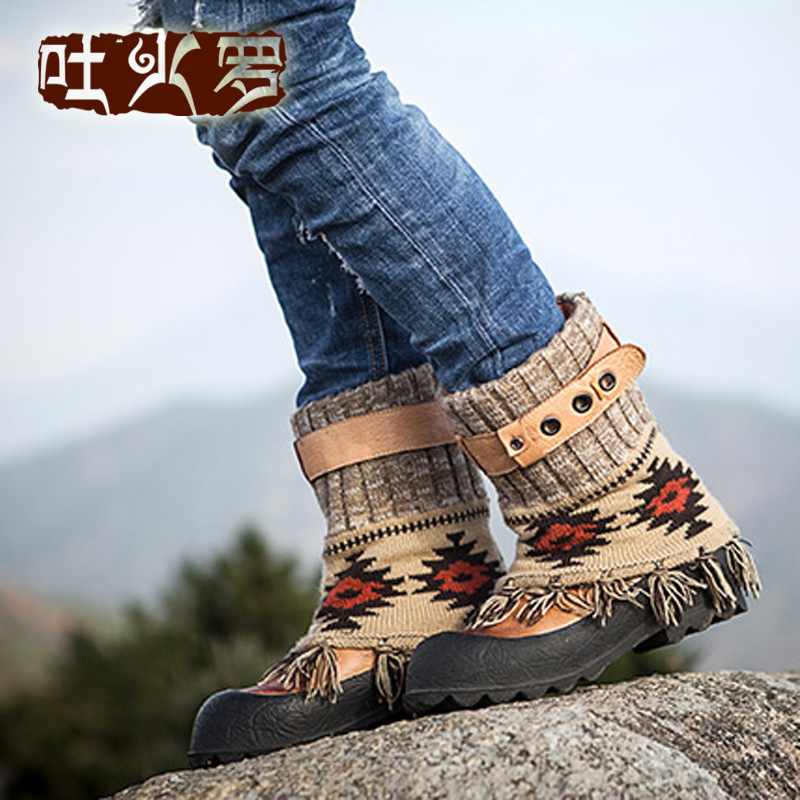 吐火羅原創(chuàng)真皮民族厚底短靴 針織線流蘇拼色套筒 皮帶扣裝飾女靴