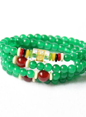 天然绿玛瑙六字真言手串多圈佛珠