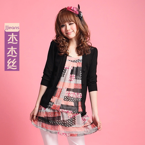 轩然6 杰杰丝女装 韩版几何形拼色中袖雪纺针织衫假两件 春装 款