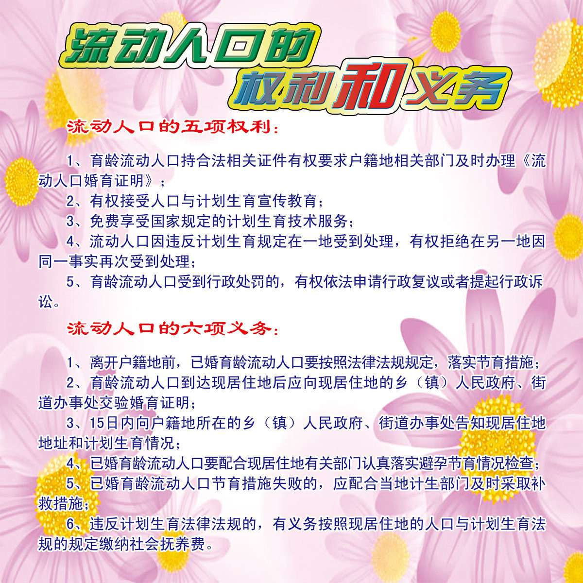 707海报印制展板写真喷绘261流动人口五项权利六项义务宣传