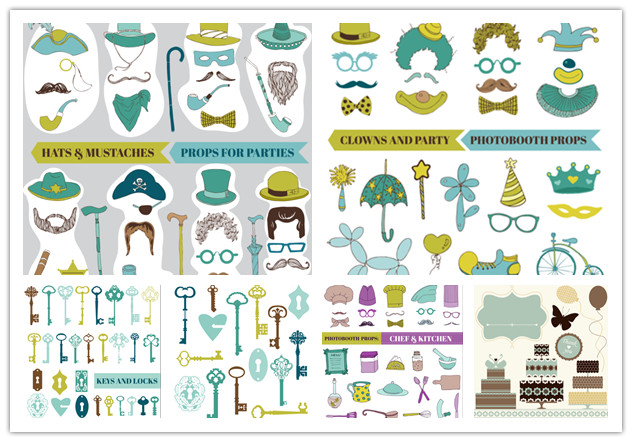 矢量设计素材 可爱物品手绘 帽子胡子钥匙锁烟斗眼镜蛋糕 EPS格式