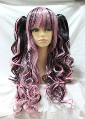 粉色黑色 双色混挑染 双马尾长卷发 cospaly假发 洛丽塔lolita发