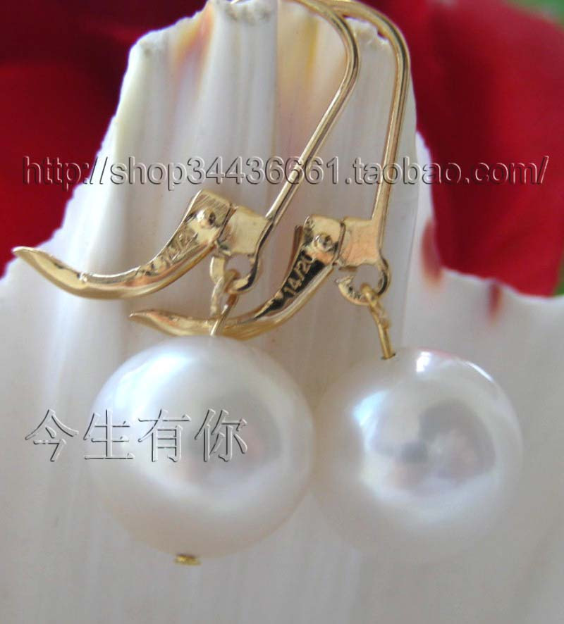 今生有你天然12mm白色珍珠耳环14k包金钩耳饰女正品包邮