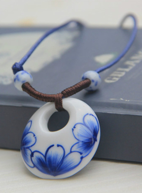 手工民族风陶瓷长款花瓣毛衣链