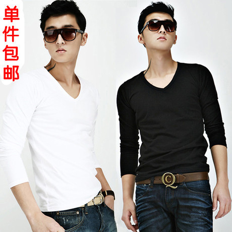 秋冬新款 黑白色 男装秋打底衫韩版V领紧身T恤男长袖衣服潮男装