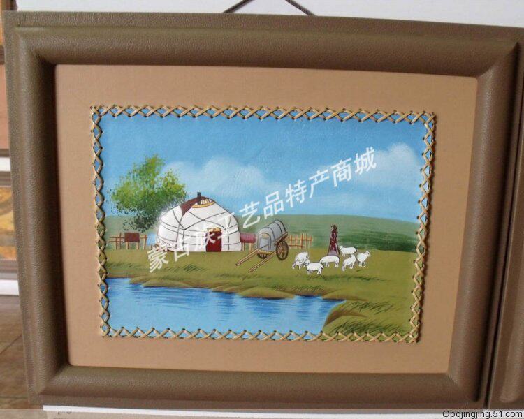 蒙古工艺品蒙古族/蒙古牛皮画/装饰画/真皮手工/34*42cm羊群女人