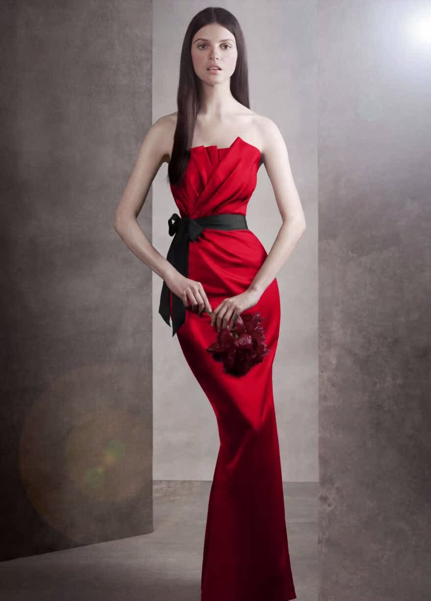 white by vera wang同款抹胸缎面坠地伴娘礼服 (多色)vw360059