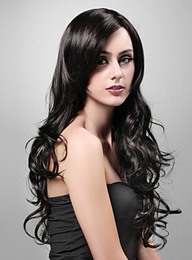 外贸假发 黑色中长卷发 哑光高温丝 假发批发 黑色长发 时尚假发