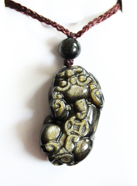 天然金曜石皮丘吊坠 金曜石貔貅吊坠 背古一钱貔貅挂坠项链