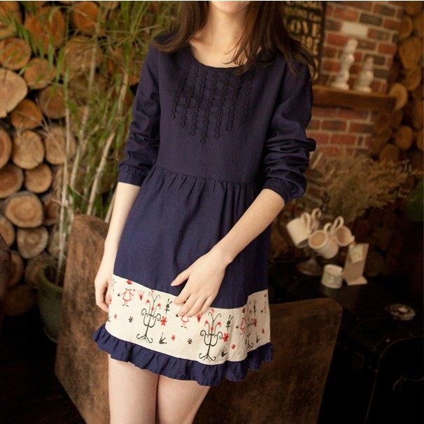 夏季新款 森女系日系修身显瘦刺绣棉麻宽松长袖连衣裙短女生