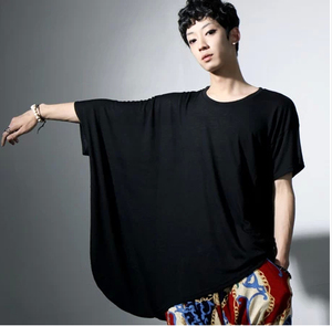大码 韩版潮男装春夏装 新款不规则单边大蝙蝠袖舞台秀短袖T恤