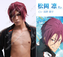 Free!男子游泳部 松冈凛 暗红色短发反翘动漫cosplay假发假毛