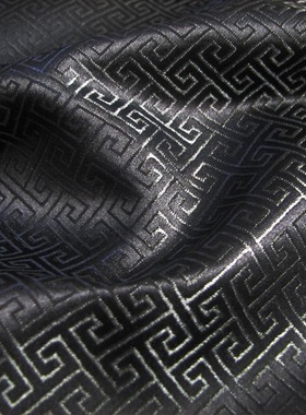 特价！黑色本底本色小回纹织锦缎面料/丝绸缎子布料中国风/半米