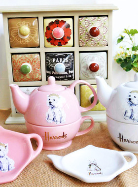 英国粉色Harrods礼物西高地陶瓷茶壶茶杯咖啡杯子母壶外贸出口