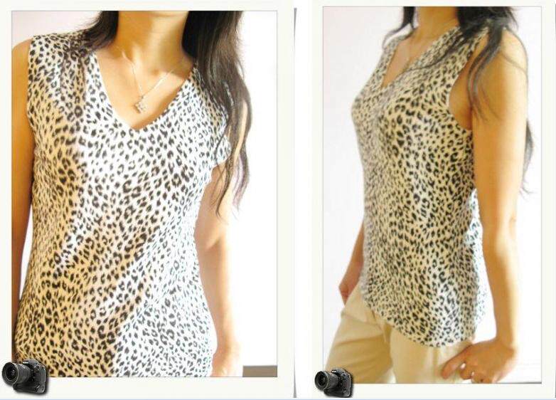 美单 v领77%真丝豹纹针织背心 马甲 真丝无袖打底衫