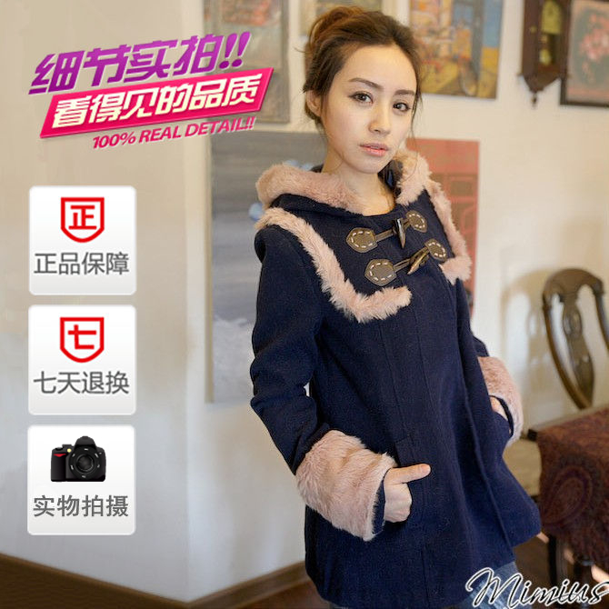 秋冬新款VIVI日系甜美娃娃款牛角扣毛毛袖羊羔毛帶帽呢子大衣外套