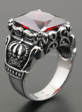 暗红色锆石花纹复古钛钢戒指