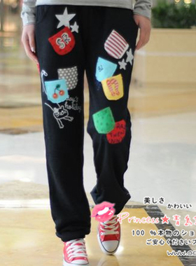 rough春秋厚 贴布刺绣口袋长裤外贸原单可爱休闲百搭宽松女式长裤