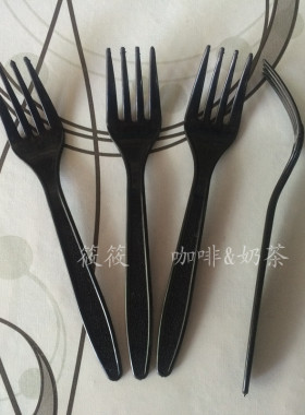 一次性塑料叉子 西餐叉 黑色大叉 蛋糕叉 6寸四齿叉 约100只