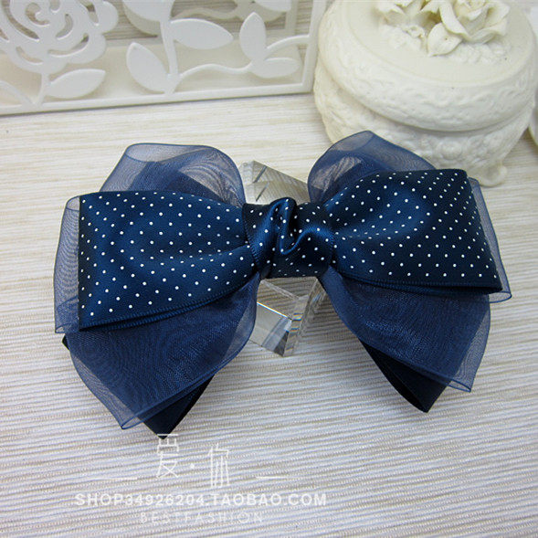 韩版手工头花发卡弹簧顶夹发饰品大蝴蝶结原创藏蓝色纱小波点水玉