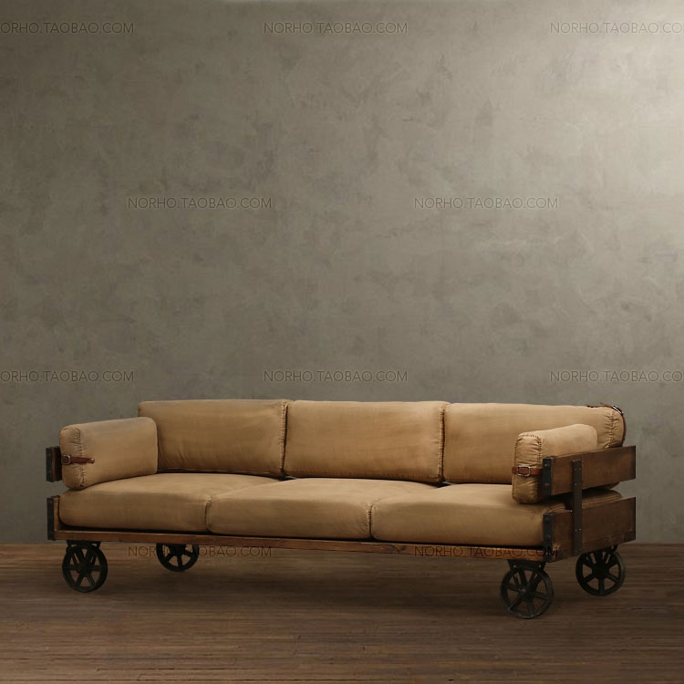 美式复古铁艺三人带轮做旧沙发椅