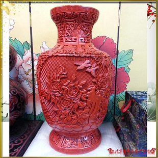 特色礼品质量保障雕漆全手工剔红雕刻铜胎老货20寸花鸟富贵观赏瓶