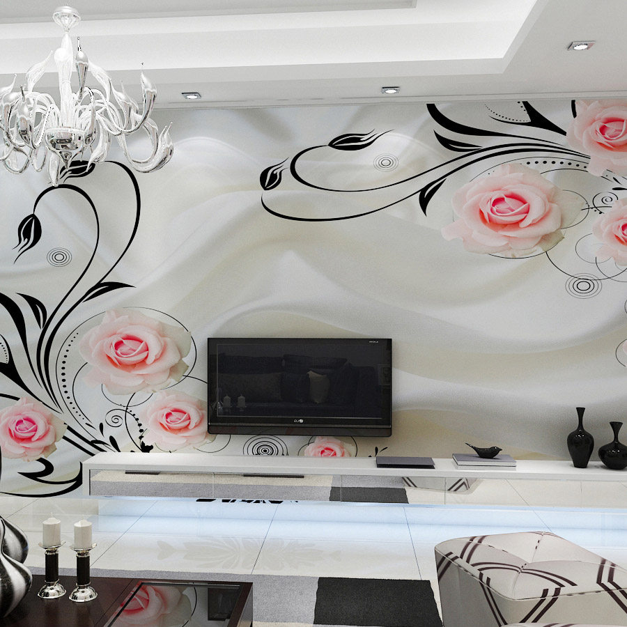欧式电视背景墙壁纸无纺布3d墙纸客厅卧室简约现代玫瑰花大型壁画,家装主材,定制壁画,淘宝优惠券,粉丝福利购,淘宝优惠卷