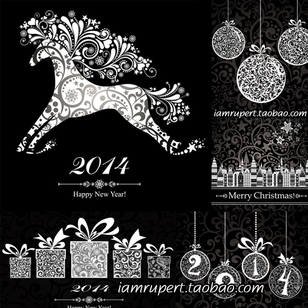 矢量EPS源文件 可爱插画新年马圣诞树剪影节日贺卡片设计素材Y256