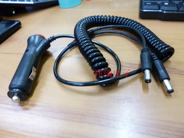 12V车充点烟器线 带开关点烟器线分2个5.5*2.1DC头 车充一分二