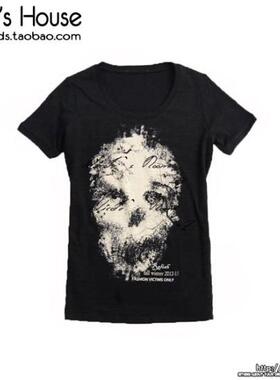 意大利新兴RE_SH 烫钻 抽象 骷髅 圆领 女T恤