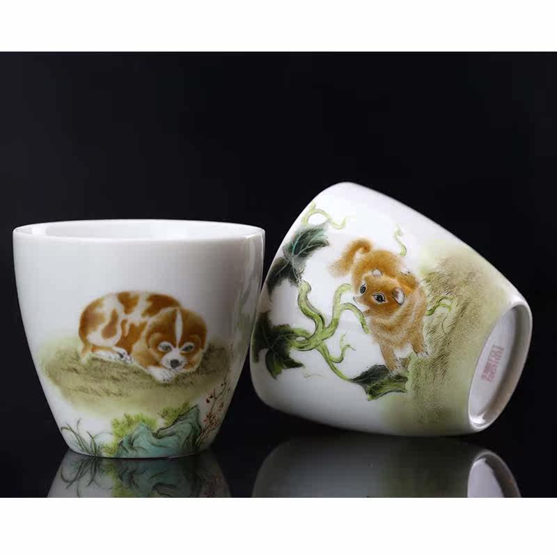 京德珍藏手工粉彩品茗杯 手绘动物杯景德镇陶瓷茶具主人杯收藏品