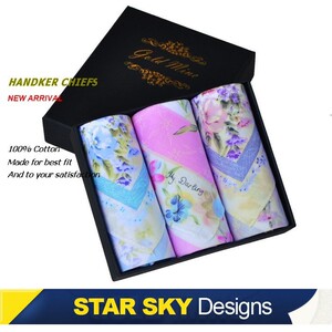 星曌●韩版时尚中秋送礼棉质印花女士手帕/手绢/3条圣诞节礼品装