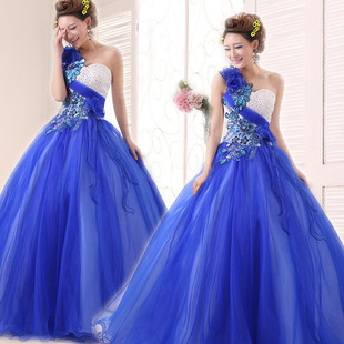 时尚新款歌唱服 独唱舞台演出服装影楼主题 蓬蓬裙长款单肩晚礼服