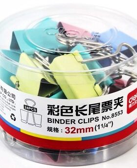得力彩色长尾票夹 长尾夹 燕尾夹 32MM 8553筒装 24只/盒