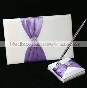 RedBox结婚用品 紫色主题婚礼嘉宾签到V 浅紫绸带花结签到簿签名