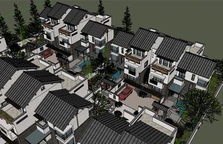 中式休闲度假别墅群建筑模型新SU草图大师sketchup园林景观素材库